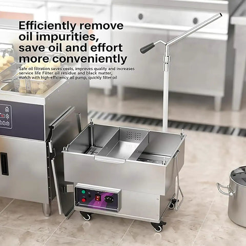 Built Tough Commercial Fryer Oil Filter Machine With Five Layer Stainless Steel Cartridge And Quick Automatic Return Flow For Real Restaurant Hustle Straight Up 10 Gallon Size with opened lid in a kitchen setting.