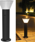 Solar Post Lights Outdoor 23.6 Inch, street style; lit at night on a path, showcasing 3000K warm white, auto on-off feature.