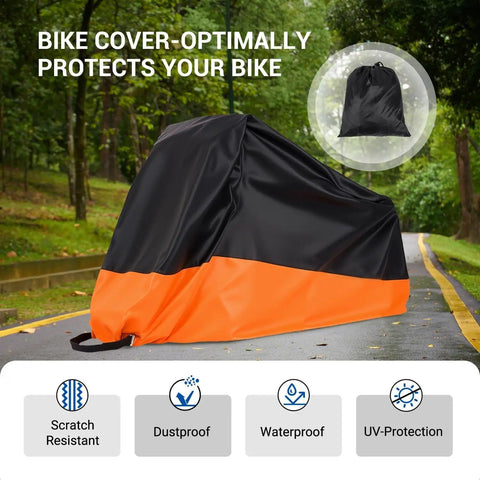 All Weather Tricycle Cover For Three Wheel E Bike And Standard Bikes, Beefy Heavy Duty Waterproof 210D Windproof Outdoor Storage, Fits One To Two Bicycles, 90.5 by 37.4 by 49.2 Inches, Orange, black and orange cover on bike outdoors