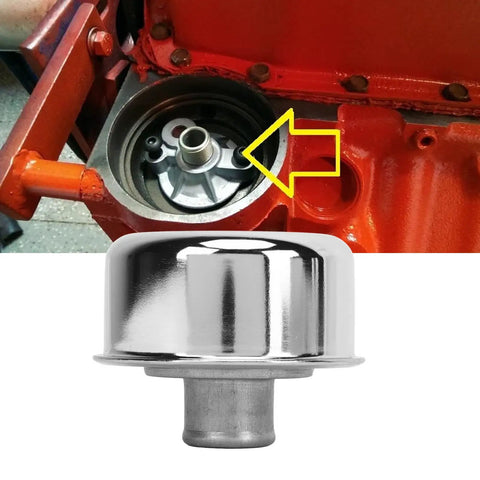 Round Valve Cover Breather Kit For SBC BBC SBF V8 Engines, Push In Breather, installed on engine, oil filler cap replacement