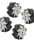 Set of four 48mm Mecanum wheels for robots, steel body and TPR rollers, suitable for omnidirectional movement in tight spaces and high precision.