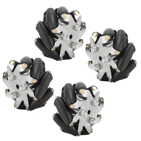 Four 48mm steel Mecanum wheels with black rubber rollers and metal mounting plates for RC robot car
