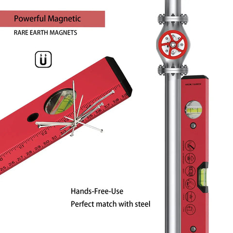 Heavy Duty 16 Inch Magnetic Torpedo Spirit Level With Three Precision Vials For 45 90 And 180 Degree Layouts showing red level with magnets.