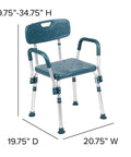 Hercules Series Adjustable Navy Bath And Shower Chair, 300 Pound Capacity, Quick Release Back And Arms, dimensions shown