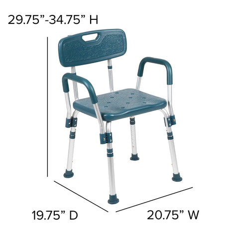 Hercules Series Adjustable Navy Bath And Shower Chair, 300 Pound Capacity, Quick Release Back And Arms, dimensions shown