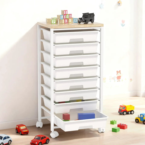 Rolling Cart With Eight Drawers Wooden Tabletop Storage Cart On Lockable Wheels in a children's playroom with toys