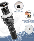 Close-up of pop up drain with built-in strainer for 8 Inch Widespread Bathroom Faucet With Two Handles, Matte Black Finish.