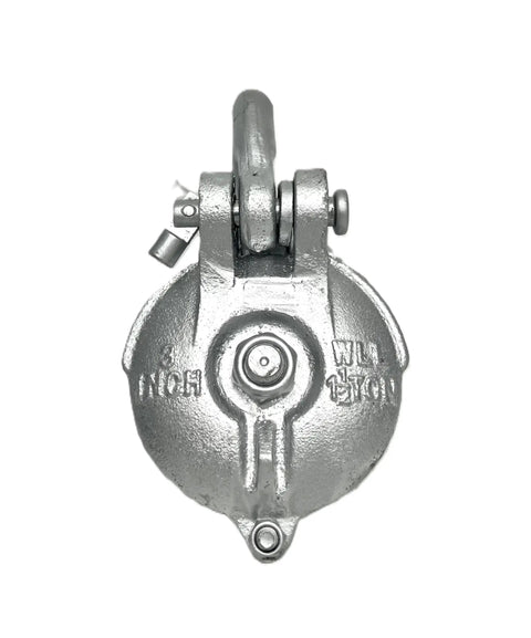 Heavy Duty Yarding Block With Shackle And Pin For Rigging And Lifting 1.5 To 6 Ton Capacity 3 Inch Sheave silver painted block front view