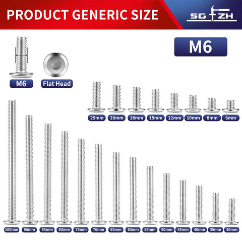 Ten Pack Of M6 X 65mm Flat Head Hex Socket Cap Screws In 304 Stainless Steel showing various sizes from 6mm to 100mm.