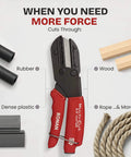 Heavy-duty industrial cutter for plastic, rubber, wood, leather and PEX displayed with cutting samples, ergonomic red/black handle.