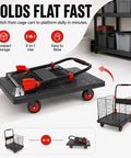 Foldable Cage Cart And Flatbed Hand Truck 2 In 1 Multi Purpose Dolly With 660 Lbs Capacity For Grocery Laundry Garage Warehouse Four Swivel Wheels Heavy Duty All In One, folded flat