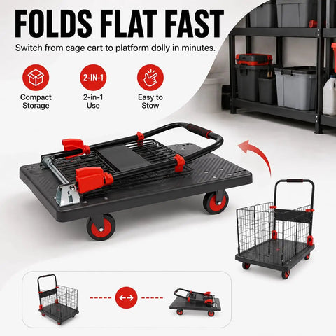 Foldable Cage Cart And Flatbed Hand Truck 2 In 1 Multi Purpose Dolly With 660 Lbs Capacity For Grocery Laundry Garage Warehouse Four Swivel Wheels Heavy Duty All In One, folded flat