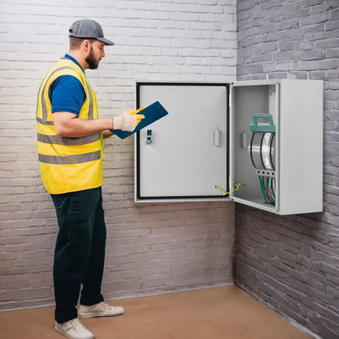 Worker inspecting Heavy Duty Steel Electrical Junction Box 12 X 10 X 6 Waterproof Dustproof Enclosure for indoor and outdoor use.
