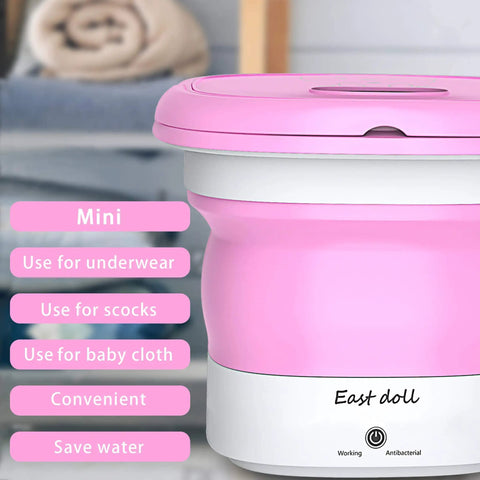 Portable Folding Mini Washer for Delicates and Small Things Like Baby Clothes and Underwear, Great for Apartments, Camping, RVs, and Travel, Wide Voltage 110V-240V, Pink, A Handy Gift for On-the-Go Lifestyles, showing pink design and mini washer features.
