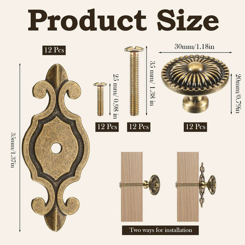 12 Pack Brass Cabinet Knobs With Backplates Antique Vintage Retro Style For Cabinets Drawers Doors Kitchen Cupboard Zinc Alloy Base