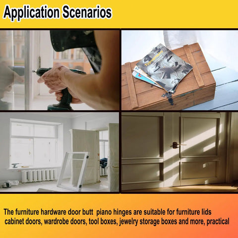 Application scenarios for Four Pack Six Inch Matte Black Piano Hinges Built Tough With 304 Stainless Steel used in cabinets and doors.