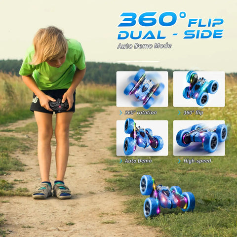 Child playing with 4WD Remote Control Stunt Car With 360 Degree Flip Double Sided RC Cars LED Light Bar USB C Modular Battery 2 4 GHz Outdoor Beach Toy For Boys Ages 6 To 12 A Perfect Birthday And Christmas Gift