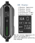 Straight Up Heavy Duty Portable Electric Charger With Type One Cable And Cee Plug 32 Amp 7 Kilowatt J1772 Adapter LED display features.