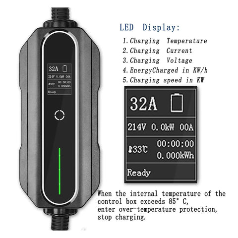 Straight Up Heavy Duty Portable Electric Charger With Type One Cable And Cee Plug 32 Amp 7 Kilowatt J1772 Adapter LED display features.