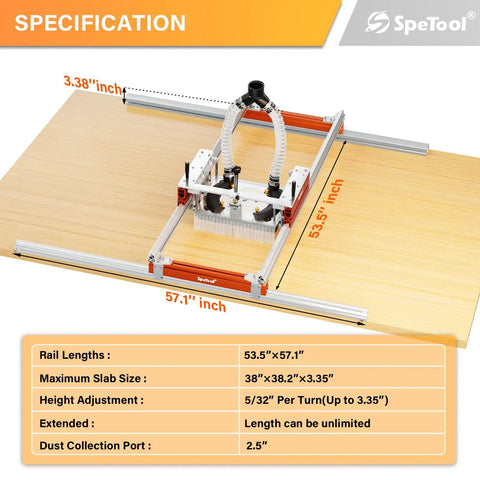 Slab Flattening Mill With Continuous Height Adjustment And Extendable 38x38.2 Inch Capacity, 3 Axis Aluminum Router Sled