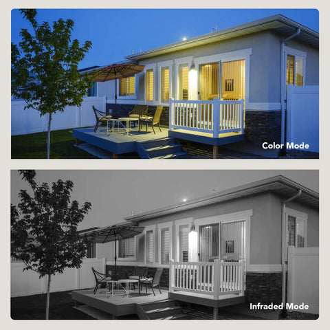 Wireless Outdoor Security Camera With 2K Color Night Vision And AI Motion Detection showing color and infrared modes on house