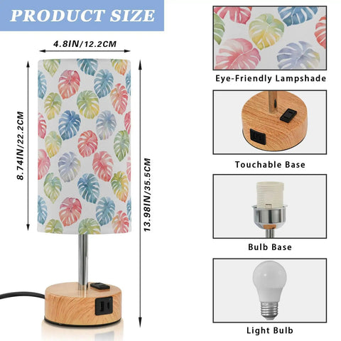 Watercolor Monstera Leaf Palm Decor Bedside Lamp With Three Way Dimmable Touch Control And Built In Charging Station For Bedroom