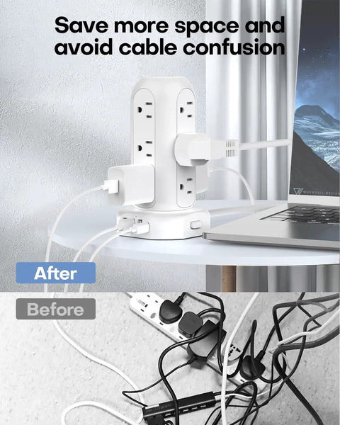 20W USB C PD Fast Charging Power Strip Tower 9.8 Ft Extension Cord 12 Outlets With 4 USB Ports Surge Protector on desk