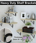 Heavy Duty 10 Pack L Shaped Shelf Brackets Wall Mounted Decorative Floating Shelf Hardware Kit With Screws And Anchors Hella Tough And Works Like A Charm For Home Projects, displaying black cast iron supports on wooden shelves.