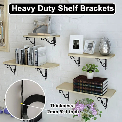 Heavy Duty 10 Pack L Shaped Shelf Brackets Wall Mounted Decorative Floating Shelf Hardware Kit With Screws And Anchors Hella Tough And Works Like A Charm For Home Projects, displaying black cast iron supports on wooden shelves.