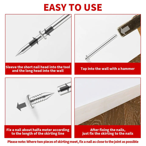 Step-by-step guide for using 200 Pack Double Head Skirting Nails With Seamless Threads For Solid Wood Baseboards And Molding.
