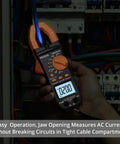 True RMS Clamp Meter 800A AC DC With 6000 Count Multimeter in use measuring AC current in a circuit panel