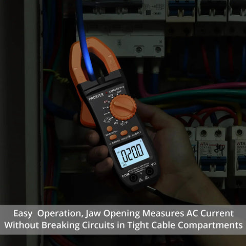 True RMS Clamp Meter 800A AC DC With 6000 Count Multimeter in use measuring AC current in a circuit panel