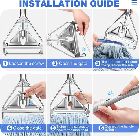 Installation guide for Heavy Duty 59 Inch Metal Mop Handle Universal Mop Stick With Pro Grade Durable Metal Clamp Fits Most Cotton Rope Ring Mops