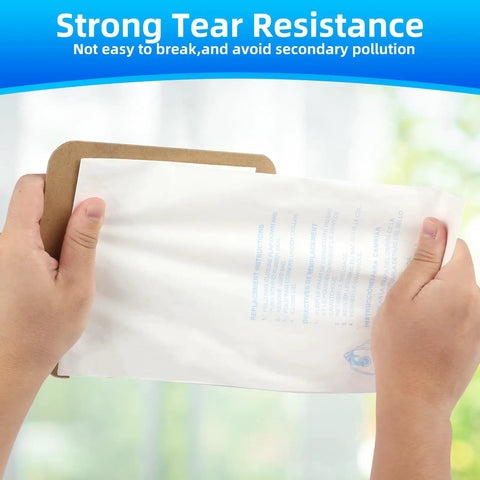 Hands holding 20 Pack Replacement Filtration MM Paper Vacuum Cleaner Bags Compatible With MM Style Vacuums on a strong tear resistance feature