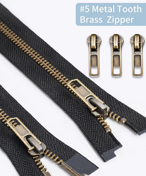 #5 metal tooth brass zippers with slider, part of Zipper Repair Kit 52 Pieces Universal Five Zipper Replacement Slider Kit