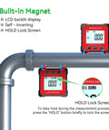 Rechargeable Digital Angle Finder Featuring Straight Up Tough V Shape Magnet And Auto Rotating Backlit Display attached to a metal pipe.