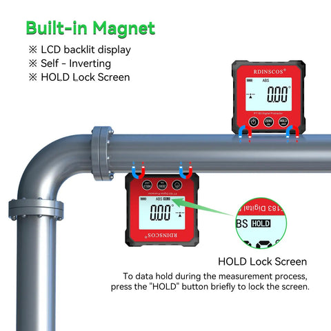 Rechargeable Digital Angle Finder Featuring Straight Up Tough V Shape Magnet And Auto Rotating Backlit Display attached to a metal pipe.