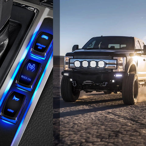 Rock On Rocker Switch Led Light Bar Kit With 5 Pin SPST On Off Illuminated Switches, installed in a vehicle
