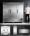 Heavy Duty Three Door Commercial Refrigerator Seventy Two Cubic Feet Stainless Steel Reach In Upright Fridge with LED lighting and chef.