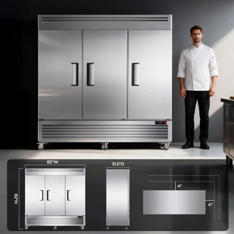 Heavy Duty Three Door Commercial Refrigerator Seventy Two Cubic Feet Stainless Steel Reach In Upright Fridge with LED lighting and chef.