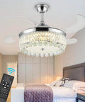 42 Inch Reversible Crystal Ceiling Fan With Lights And Remote Control, Stepless Dimming LED Chandelier Style in bedroom