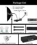 Package list includes Softbox Lighting Kit 16 By 16 Inch with Remote Pro Grade Studio Light tripod, gloves, remote, and carry bag.
