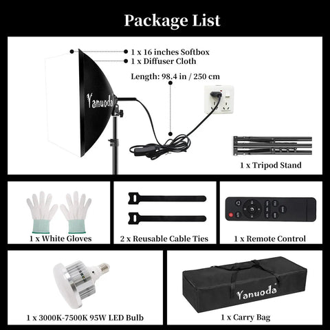 Package list includes Softbox Lighting Kit 16 By 16 Inch with Remote Pro Grade Studio Light tripod, gloves, remote, and carry bag.