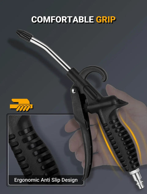 High Flow Air Blow Gun With Rubber Guard, Bent Angle Jet Nozzle, 1 Quarter Inch Quick Plug, ergonomic grip design shown