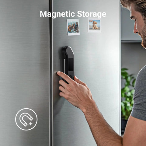 Person placing Instant Read Digital Meat Thermometer With 1 Second Response 0.5F Accuracy NIST And NSF Certified on fridge