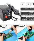 Hot Air Rework Station For Electronics Repair With Fast Heat Up, 3 Memory Presets, anti-static design used on circuit board
