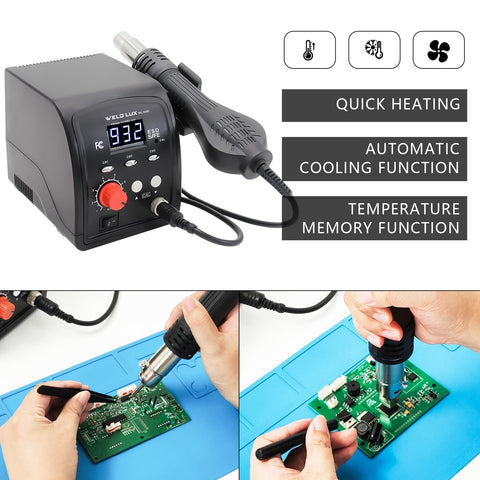 Hot Air Rework Station For Electronics Repair With Fast Heat Up, 3 Memory Presets, anti-static design used on circuit board