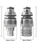 Hydraulic flat-face couplers, two (male and female), metal, front view with 46mm and 48mm threads.