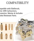 Beefed Up Carburetor Rebuild Kit For 1405 Through 1411 4 Barrel Carbs And Carter AFB 809064 9000 Series Marine With Alcohol Resistant Parts Plus Gaskets image showing compatibility details and components