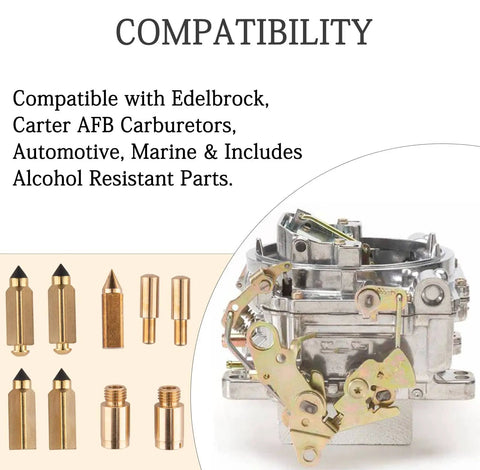 Beefed Up Carburetor Rebuild Kit For 1405 Through 1411 4 Barrel Carbs And Carter AFB 809064 9000 Series Marine With Alcohol Resistant Parts Plus Gaskets image showing compatibility details and components